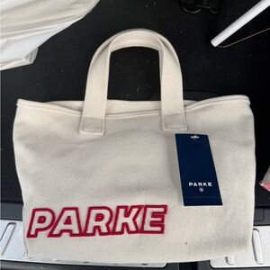 PARKE Canvas Mini Tote Bag in Cream with Red Logo
